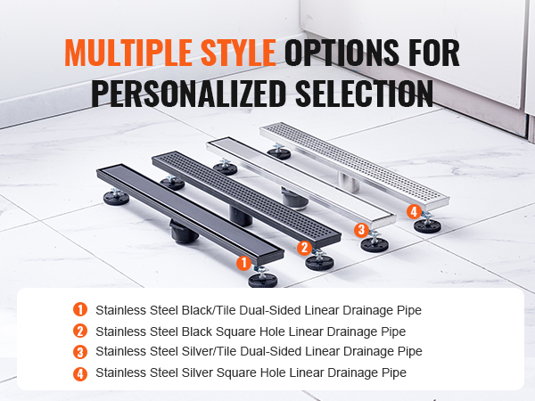 multiple stainless steel styles of the VEVOR linear shower drain on a tiled floor.
