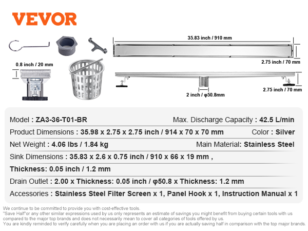 VEVOR linear shower drain dimensions, features, and accessories displayed with detailed specifications.
