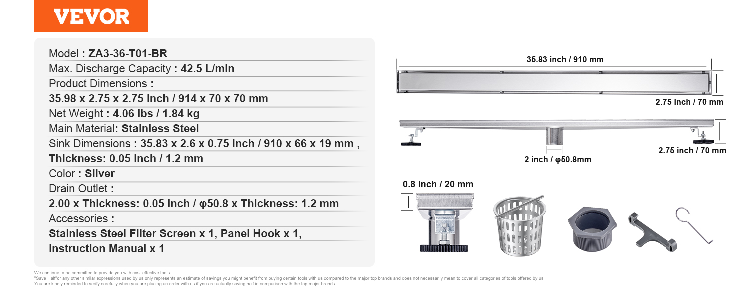 VEVOR linear shower drain dimensions, features, and accessories displayed with detailed specifications.