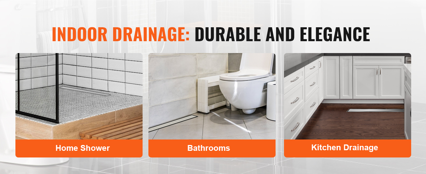 indoor drainage options for home showers, bathrooms, and kitchen drainage showcasing VEVOR linear shower drain.