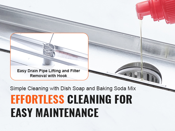 effortless cleaning of VEVOR linear shower drain using dish soap and baking soda mix, filter removal with hook.