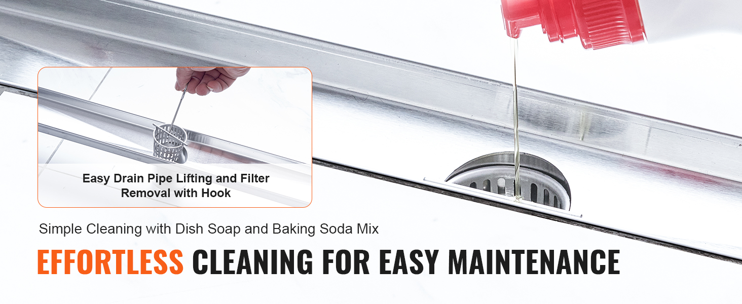 effortless cleaning of VEVOR linear shower drain using dish soap and baking soda mix, filter removal with hook.