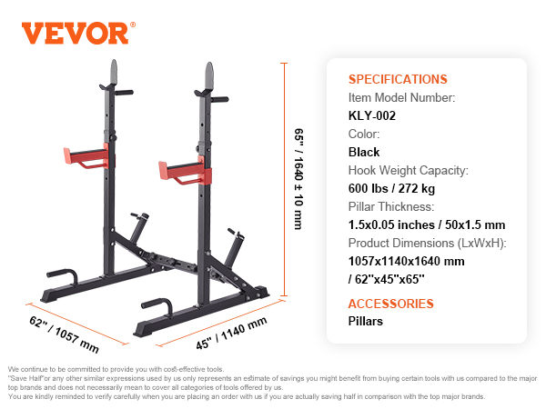VEVOR squat stand power rack with adjustable pillars, black color, 600 lbs capacity, 62"x45"x65" size.