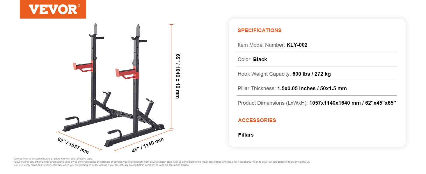 VEVOR squat stand power rack with adjustable pillars, black color, 600 lbs capacity, 62"x45"x65" size.