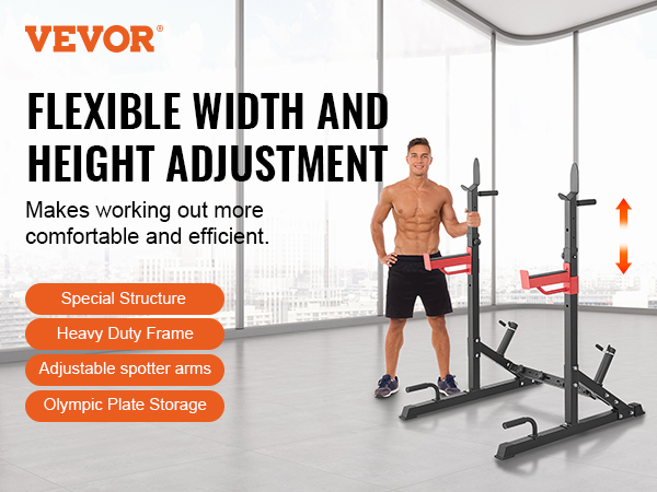 VEVOR squat stand power rack with adjustable height, spotter arms, olympic plate storage, and heavy-duty frame.