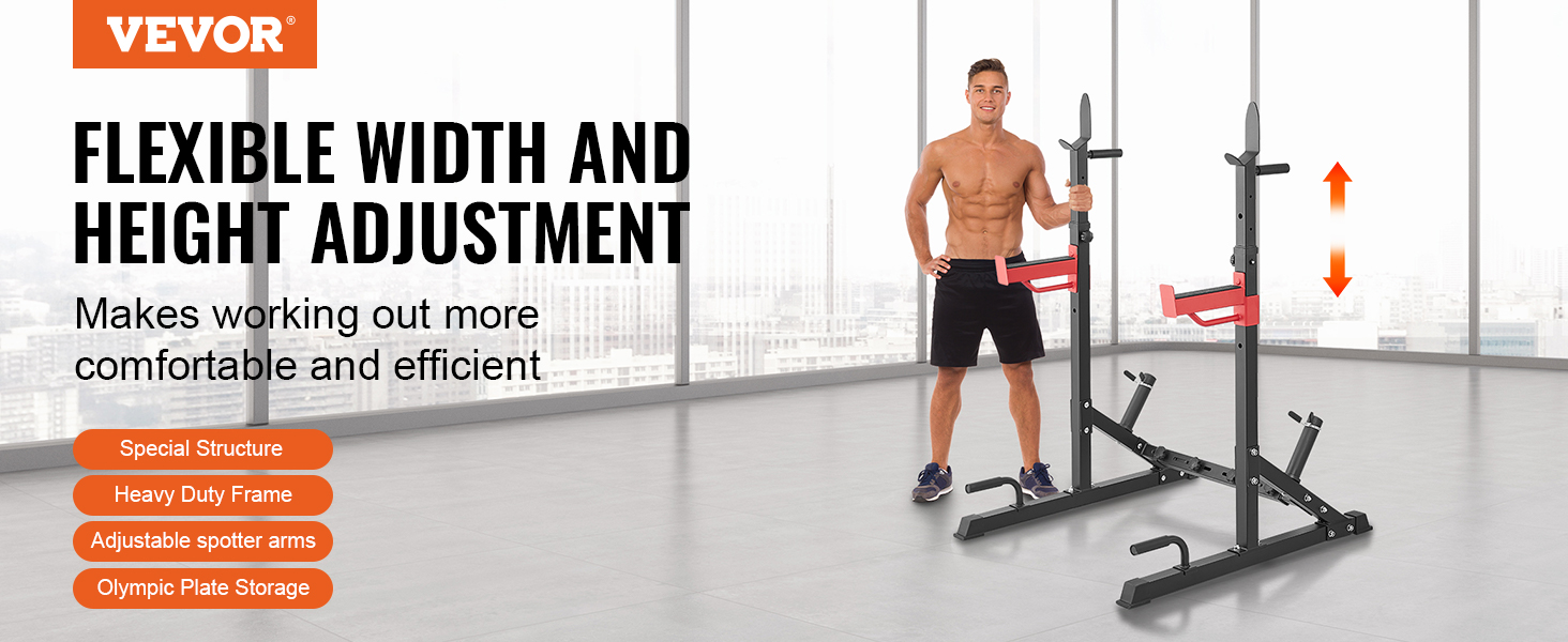 VEVOR squat stand power rack with adjustable height, spotter arms, olympic plate storage, and heavy-duty frame.