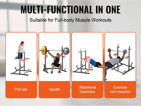 VEVOR squat stand power rack for pull-ups, squats, abdominal exercises, and arm muscle workouts.