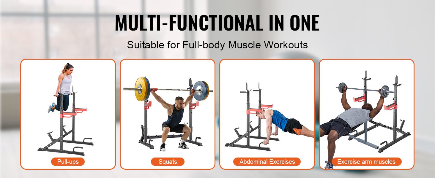VEVOR squat stand power rack for pull-ups, squats, abdominal exercises, and arm muscle workouts.