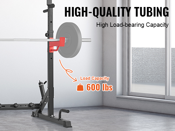 VEVOR squat stand power rack with barbell, high-quality tubing, and 600 lbs load-bearing capacity.
