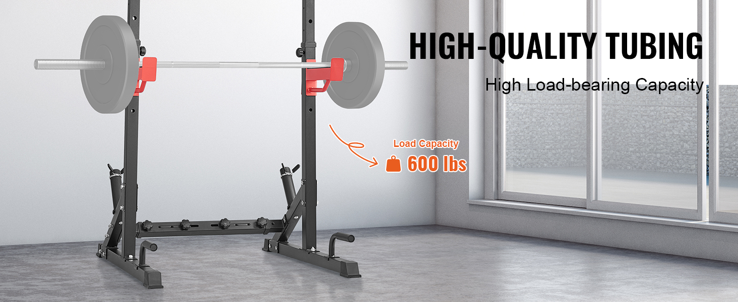 VEVOR squat stand power rack with barbell, high-quality tubing, and 600 lbs load-bearing capacity.