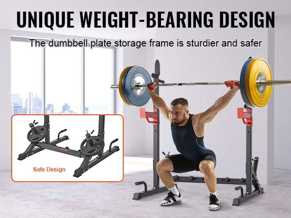 VEVOR squat stand power rack with unique weight-bearing design and safe dumbbell plate storage.