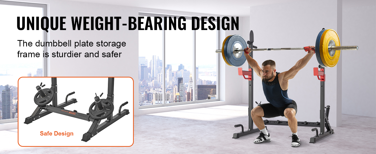 VEVOR squat stand power rack with unique weight-bearing design and safe dumbbell plate storage.