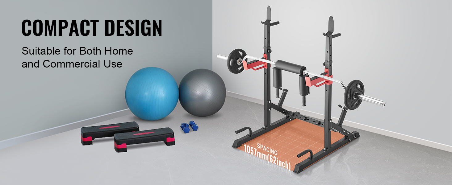 VEVOR squat stand power rack with compact design and accessories, suitable for home and commercial use.