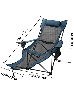 VEVOR folding camp chair with footrest, blue, 57in height, 31.8in width, portable.