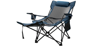 blue VEVOR folding camp chair with mesh back and armrest pockets, extended footrest.