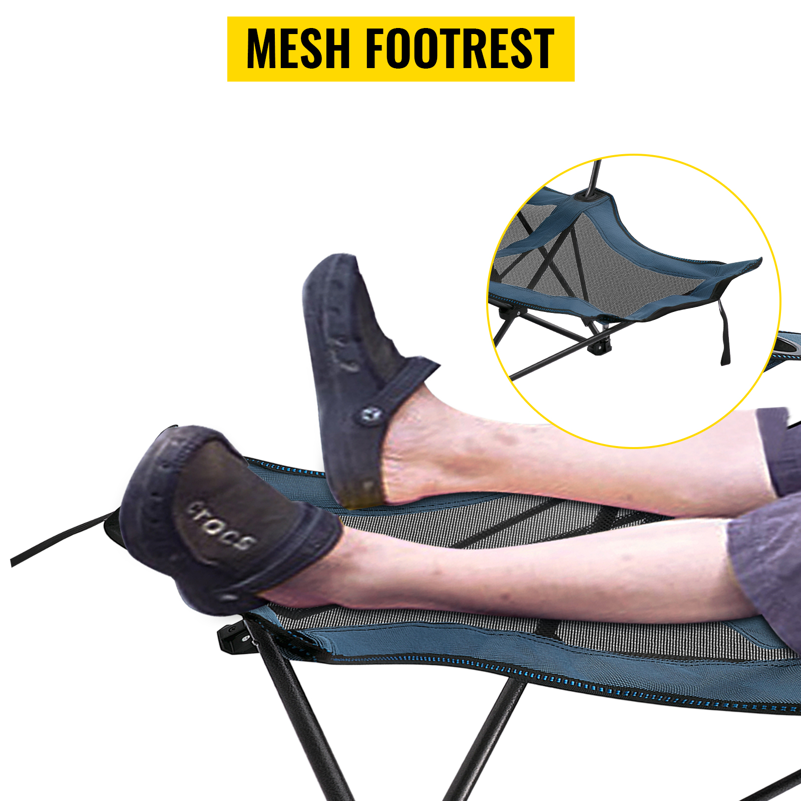VEVOR folding camp chair with mesh footrest for comfort and relaxation.