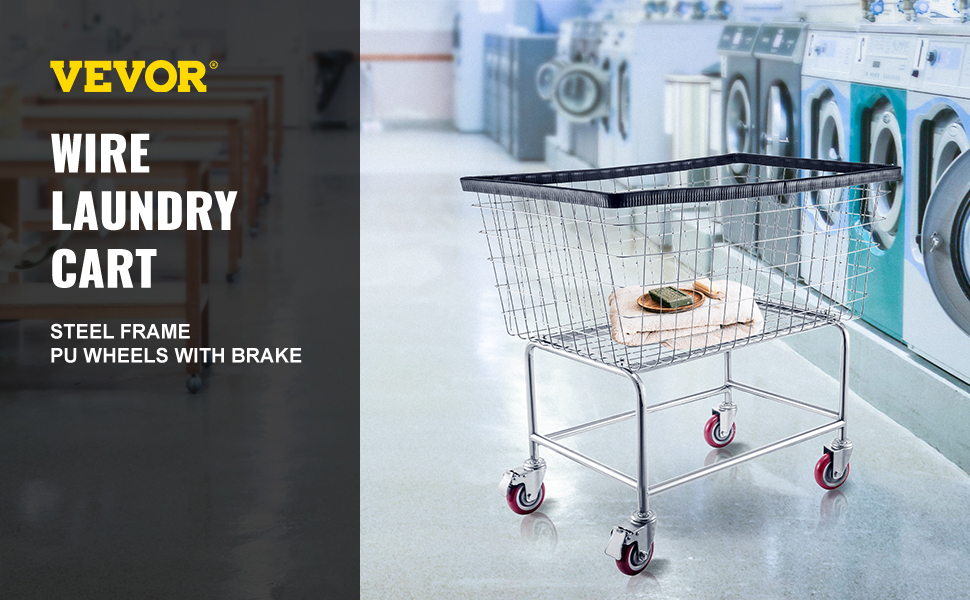 VEVOR wire laundry cart with steel frame and pu wheels in laundromat.