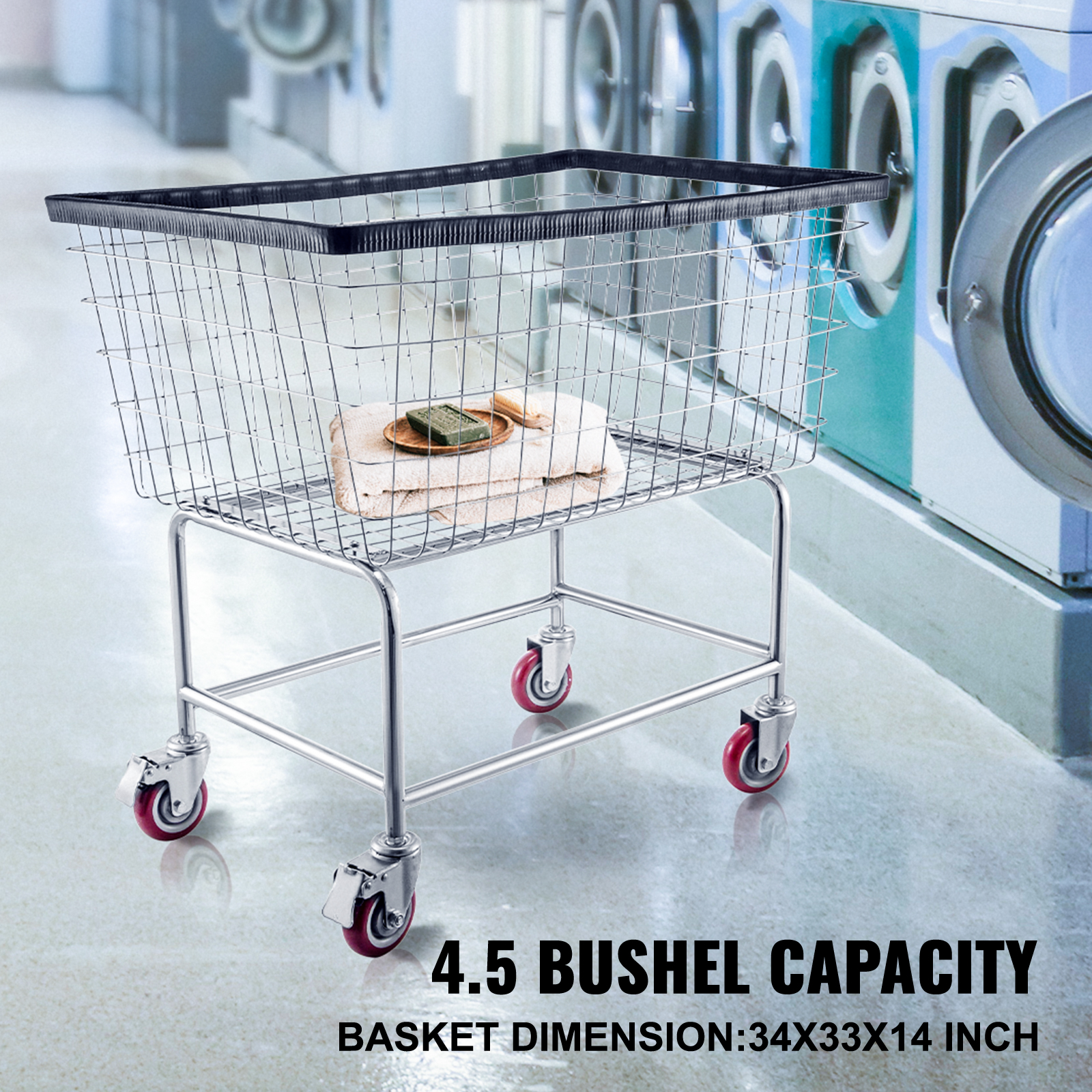VEVOR wire laundry cart with a 4.5 bushel capacity in a laundry room.