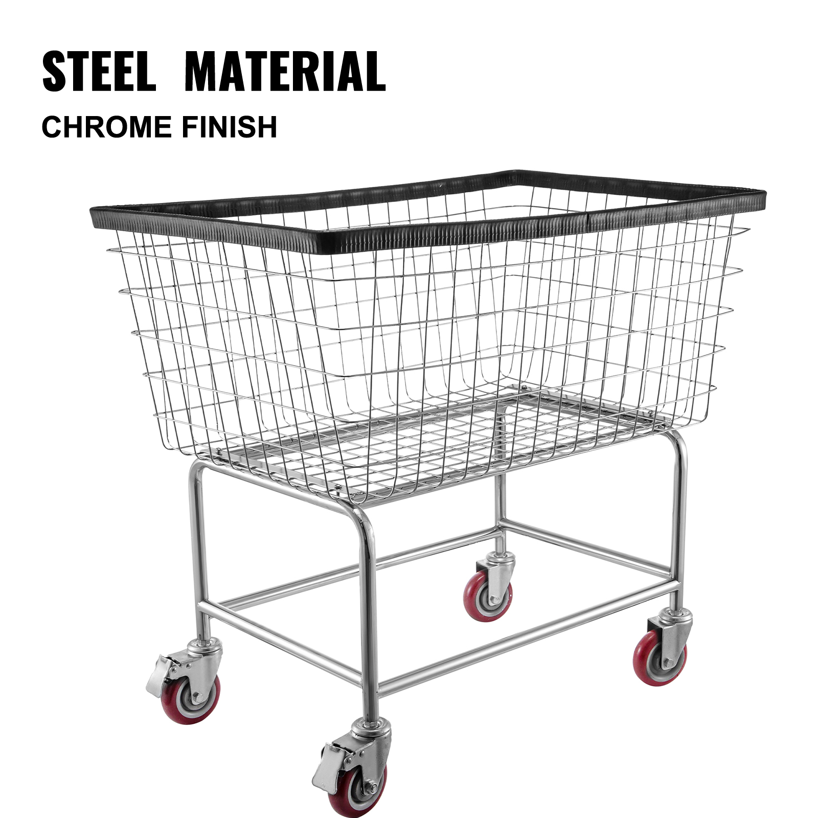 VEVOR wire laundry cart in chrome finish with red caster wheels, steel material.