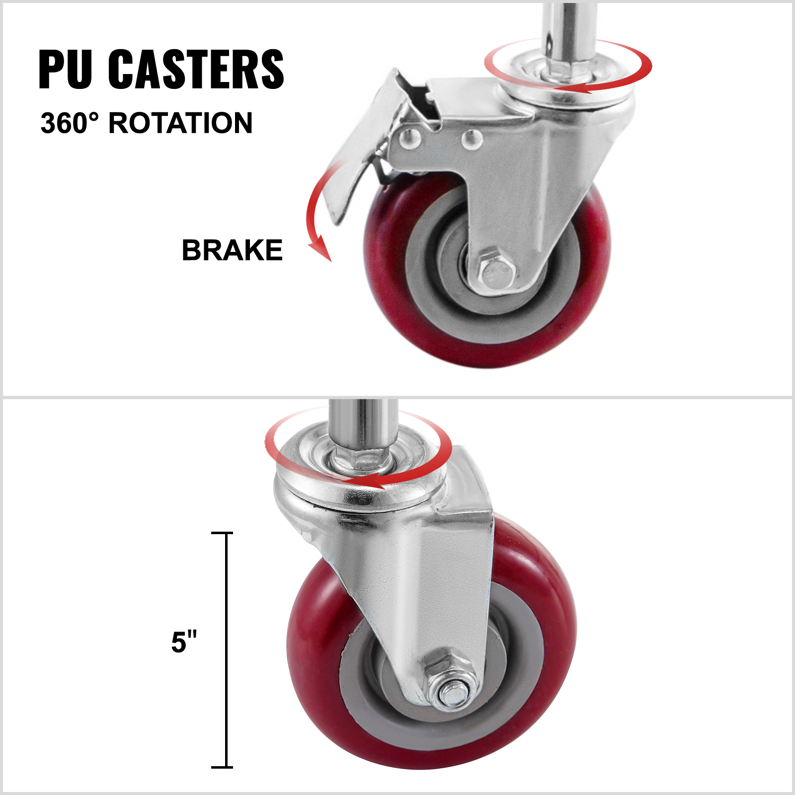 pu casters with 360° rotation and brake, 5" height for VEVOR wire laundry cart.