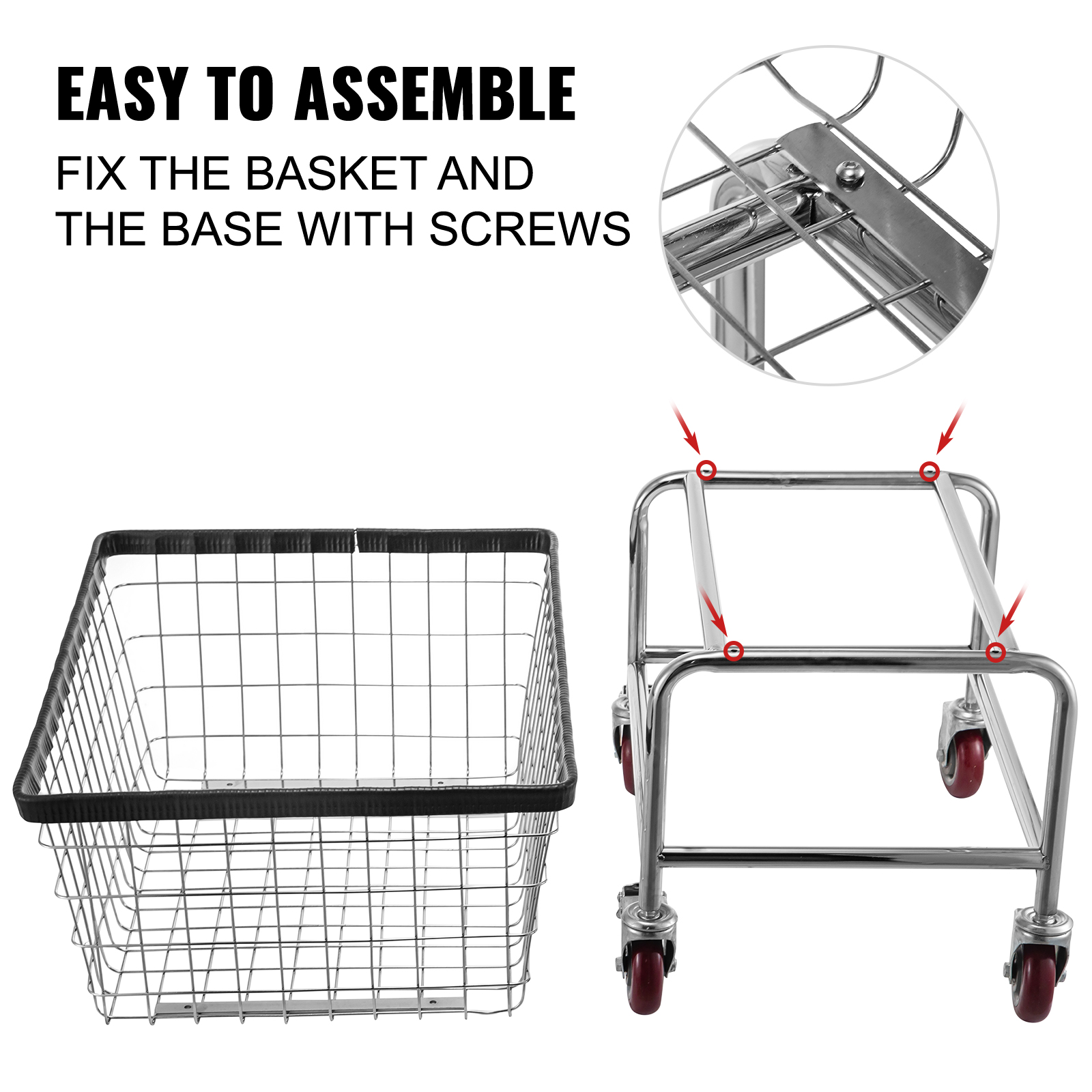 VEVOR wire laundry cart assembly guide showing the basket and base with screws.