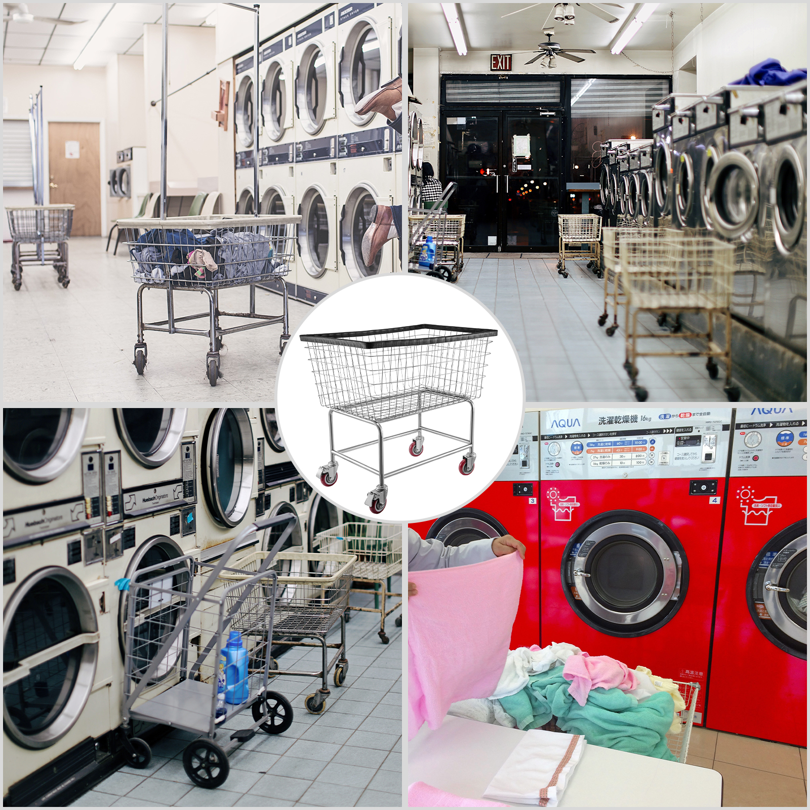 VEVOR wire laundry cart in laundromat with washers, dryers, and laundry carts.