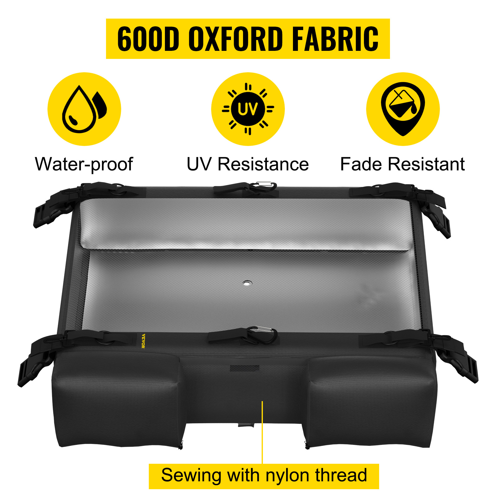 VEVOR t-top storage bag showcasing waterproof, uv resistance, fade resistant features made from 600d oxford fabric.