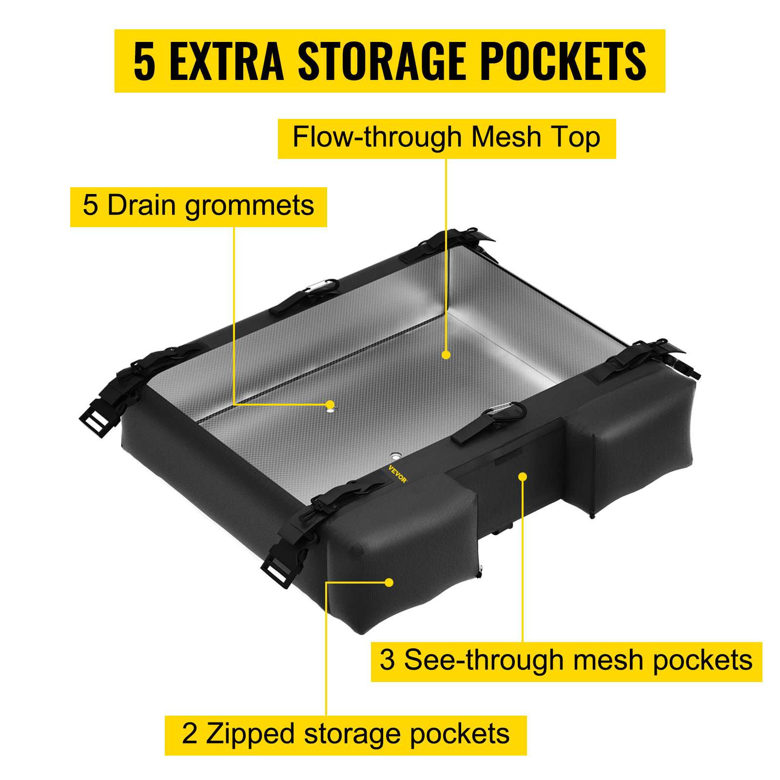 VEVOR t-top storage bag with 5 drain grommets, 5 extra storage pockets, and a flow-through mesh top.