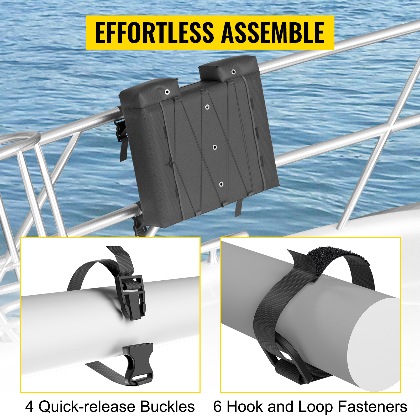 VEVOR t-top storage bag attached to boat rail, showing 4 quick-release buckles and 6 hook and loop fasteners.