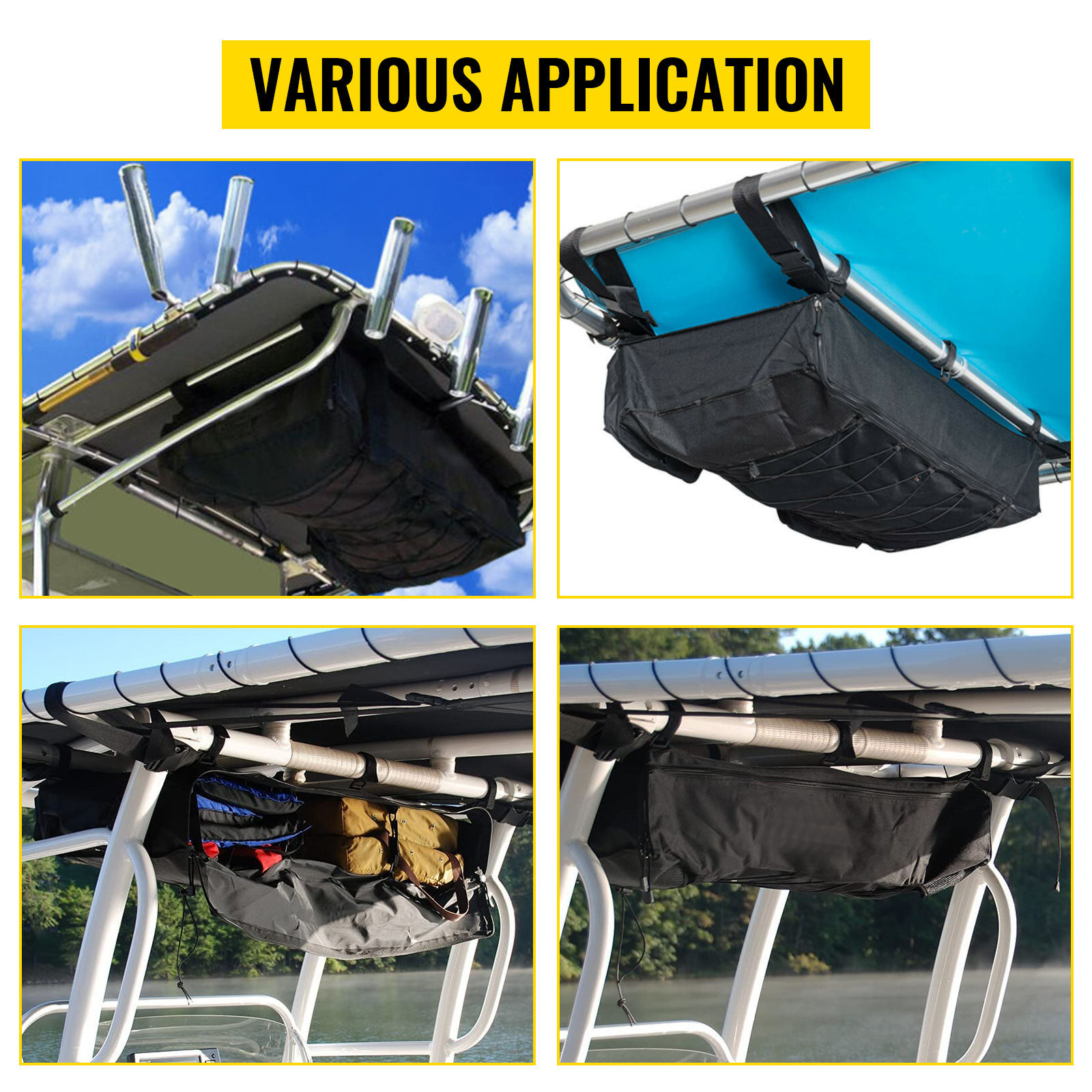 VEVOR t-top storage bag in various applications showing secure, spacious storage under boat canopy.