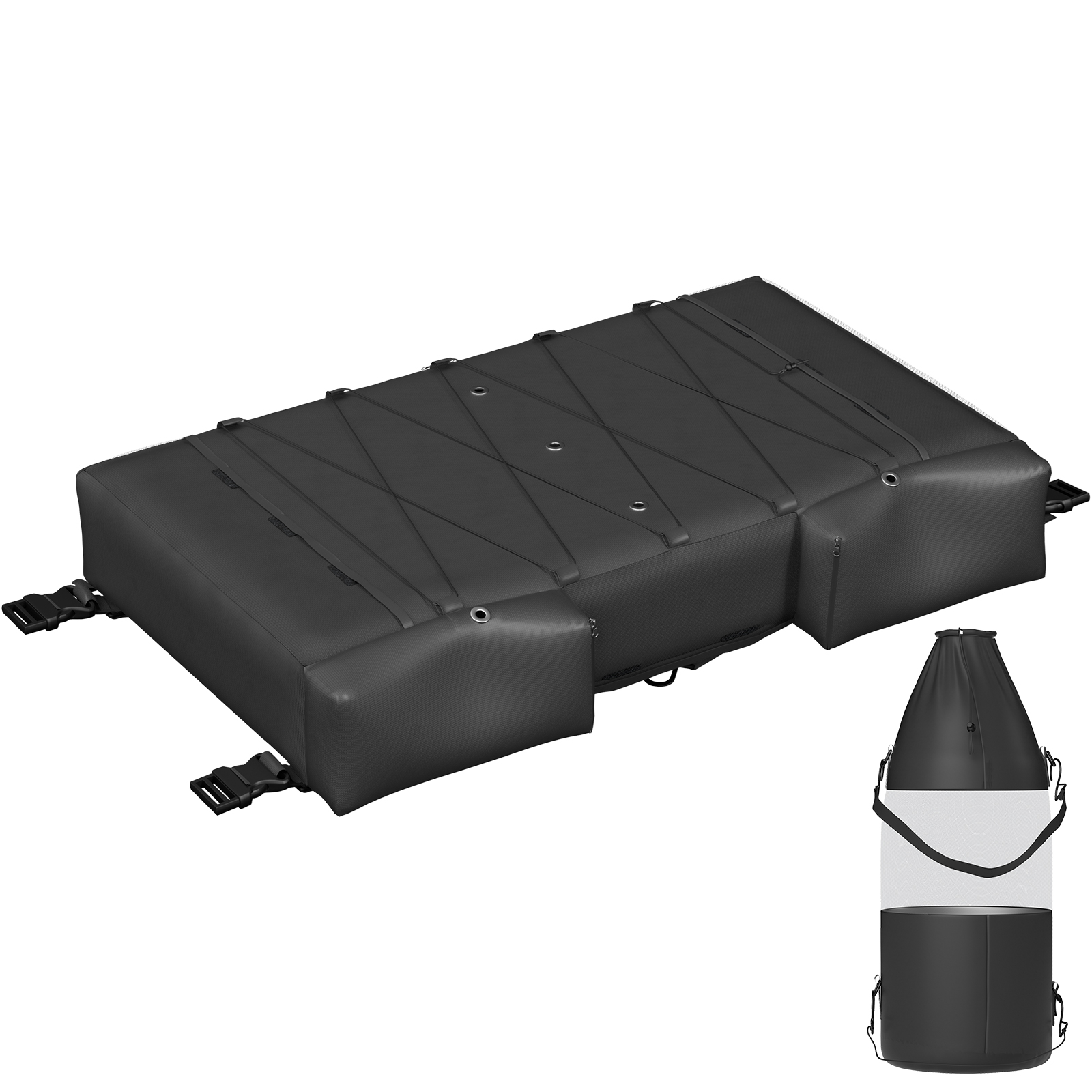 black VEVOR t-top storage bag with bungee cords and buckle straps, includes cylindrical storage section.