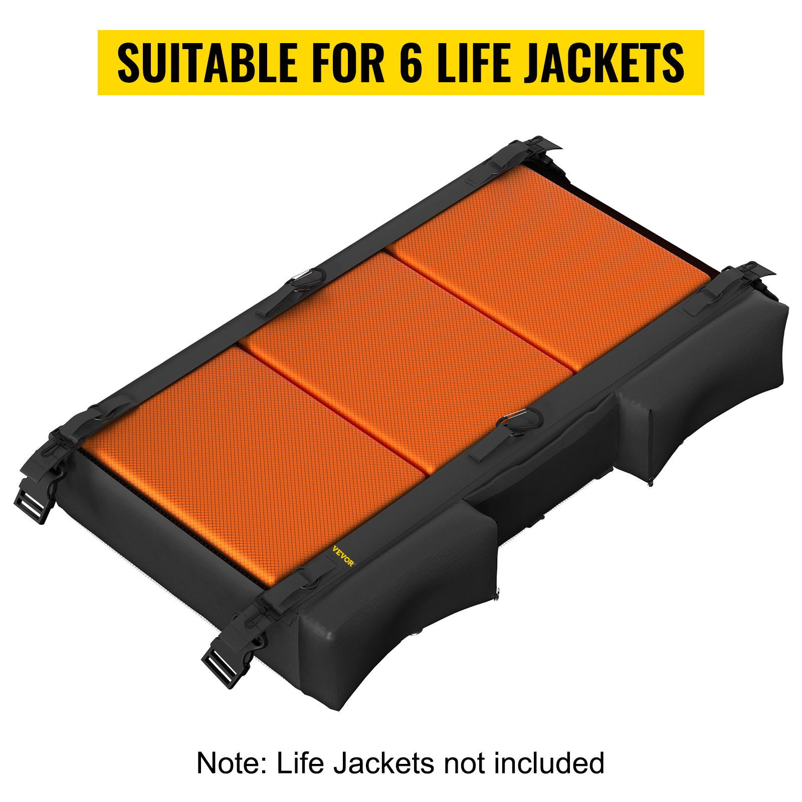 VEVOR t-top storage bag for 6 life jackets, black and orange with straps, life jackets not included.