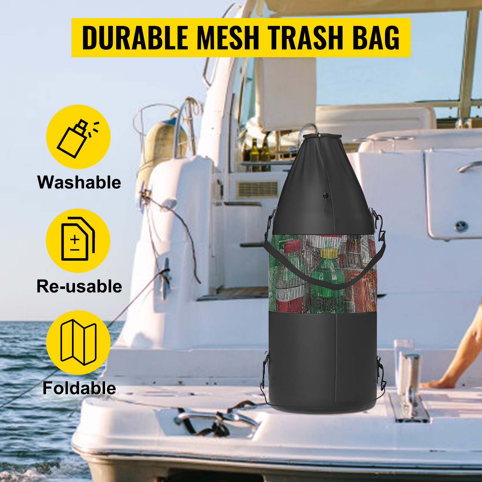 VEVOR t-top storage bag on a boat with colorful trash, features: washable, reusable, foldable.