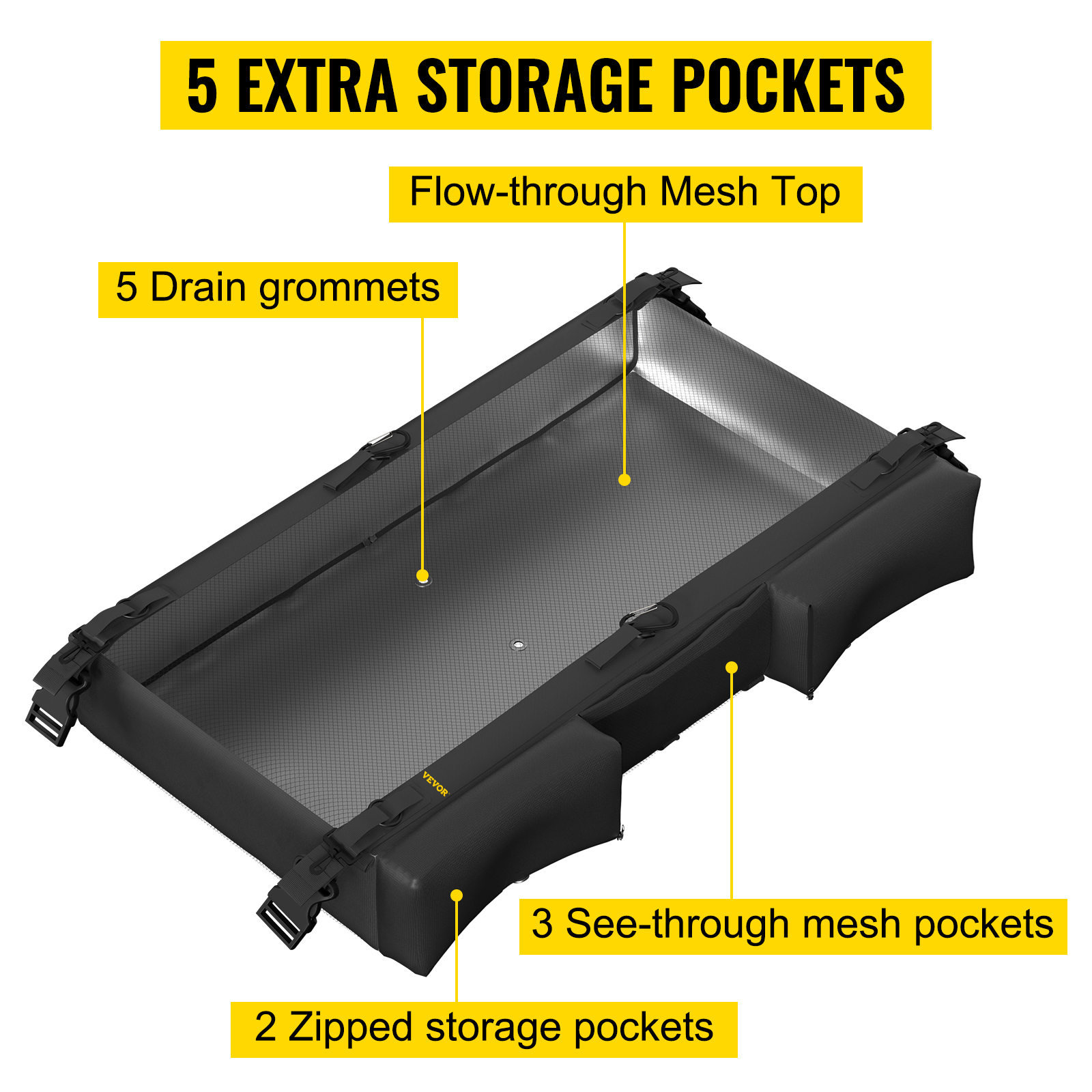 VEVOR t-top storage bag with 5 extra pockets, mesh top, 5 drain grommets, and 2 zipped pockets.