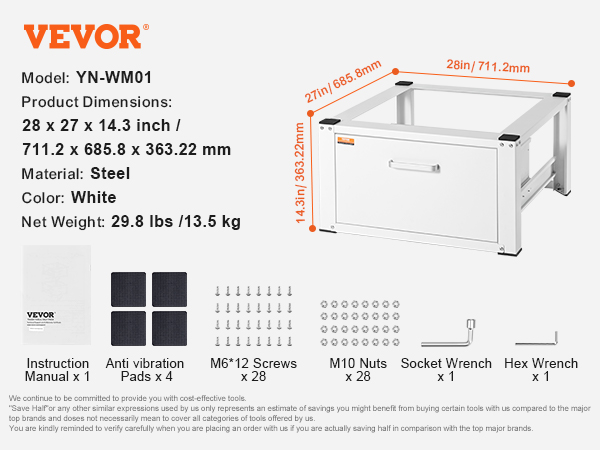 VEVOR laundry pedestal: steel, white, 28x27x14.3 inches, 29.8 lbs, includes screws, nuts, wrenches.