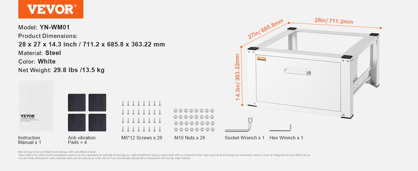VEVOR laundry pedestal: steel, white, 28x27x14.3 inches, 29.8 lbs, includes screws, nuts, wrenches.