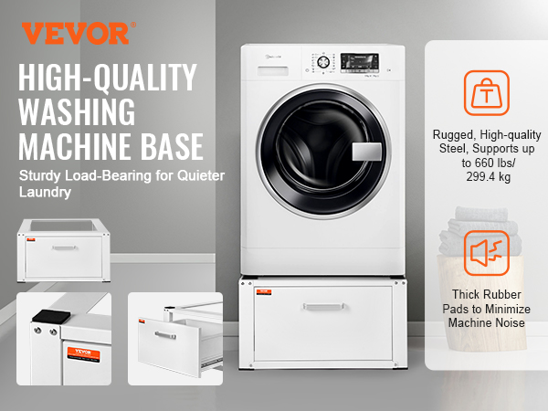VEVOR laundry pedestal with storage drawer, high-quality steel, supports up to 660 lbs, minimizes noise.