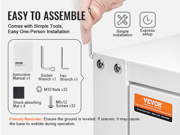easy assembly of VEVOR laundry pedestal with included tools: hex wrench, socket wrench, screws, and manual.