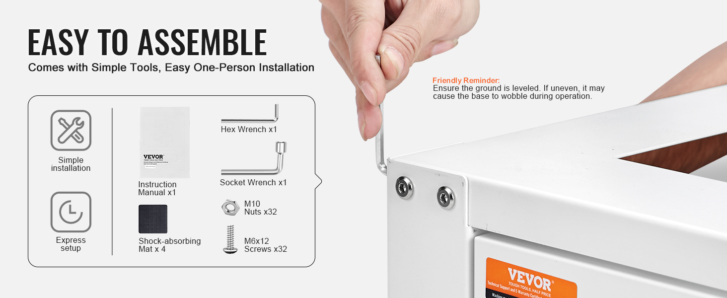 easy assembly of VEVOR laundry pedestal with included tools: hex wrench, socket wrench, screws, and manual.