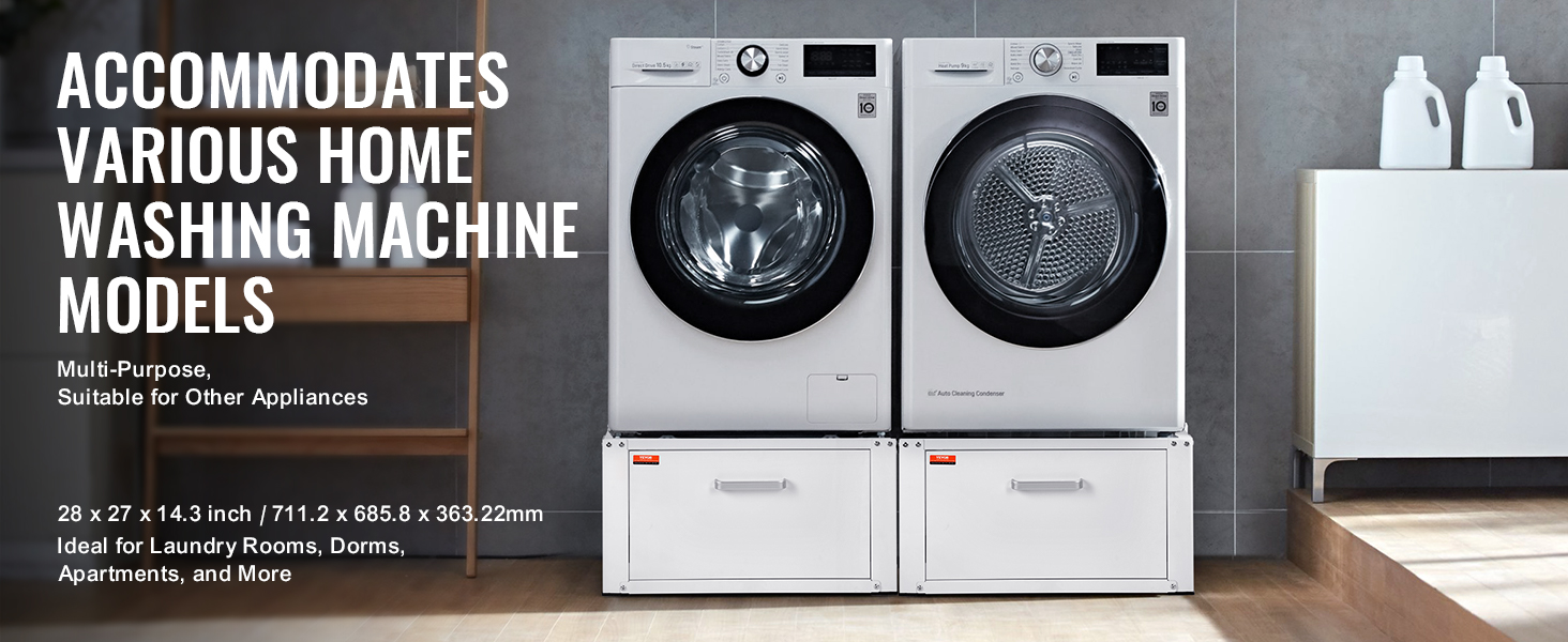 VEVOR laundry pedestal under washing machines in a modern laundry room, highlighting its size and benefits.
