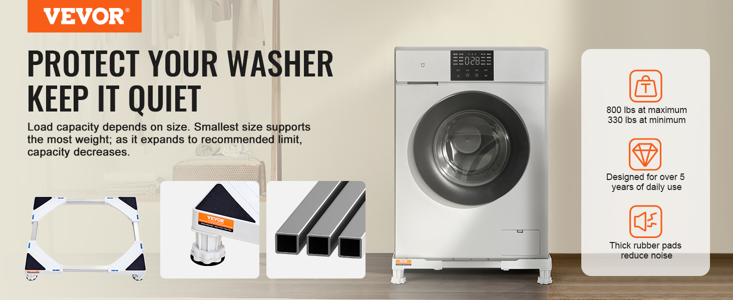 VEVOR mini fridge stand, adjustable for heavy loads, noise-reducing rubber pads, fits various appliances.