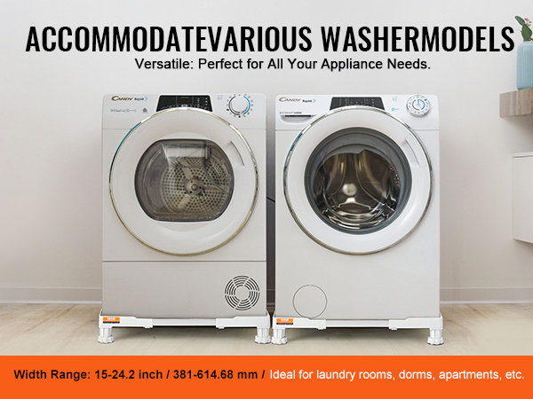 washers on VEVOR mini fridge stand, adjustable from 15 to 24.2 inches, for various appliance models.
