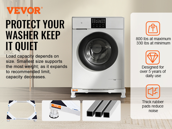 VEVOR mini fridge stand for washer, supports up to 800 lbs, reduces noise with rubber pads, durable for 5 years.