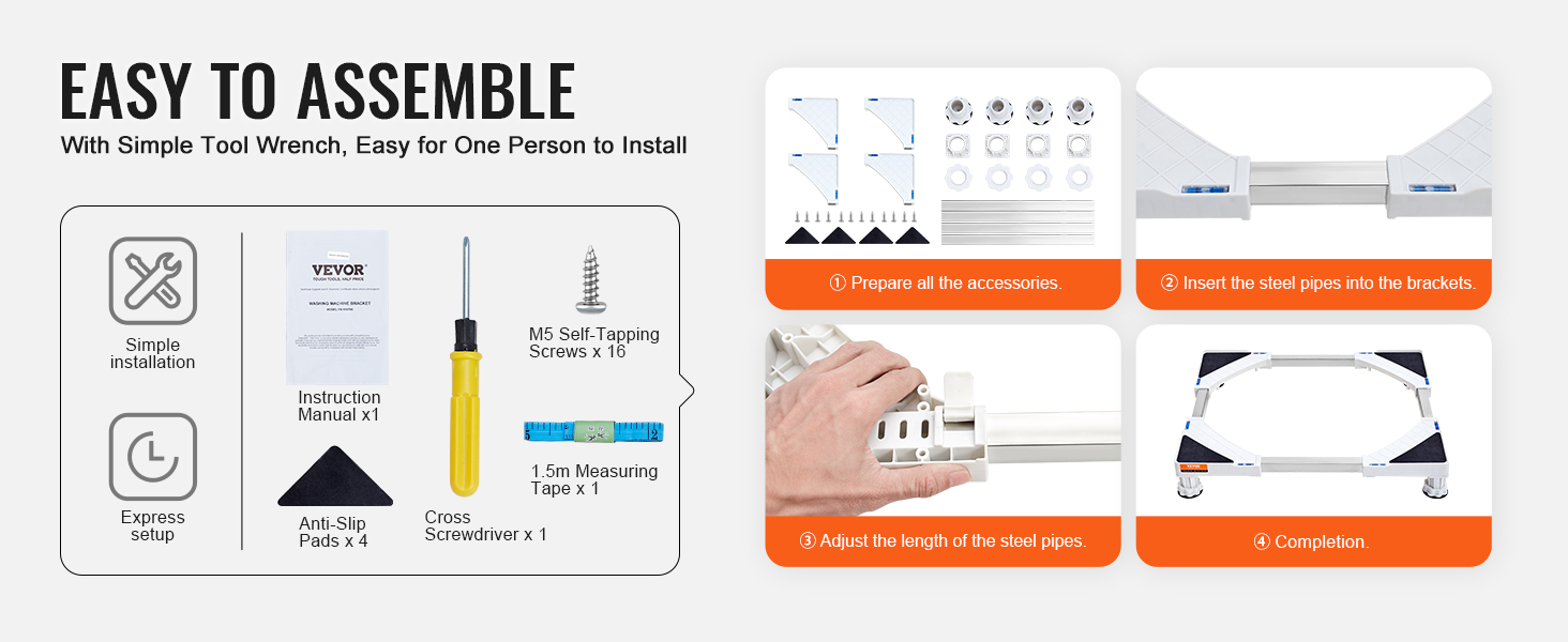 easy to assemble VEVOR mini fridge stand with accessories, steel pipes, and anti-slip pads.