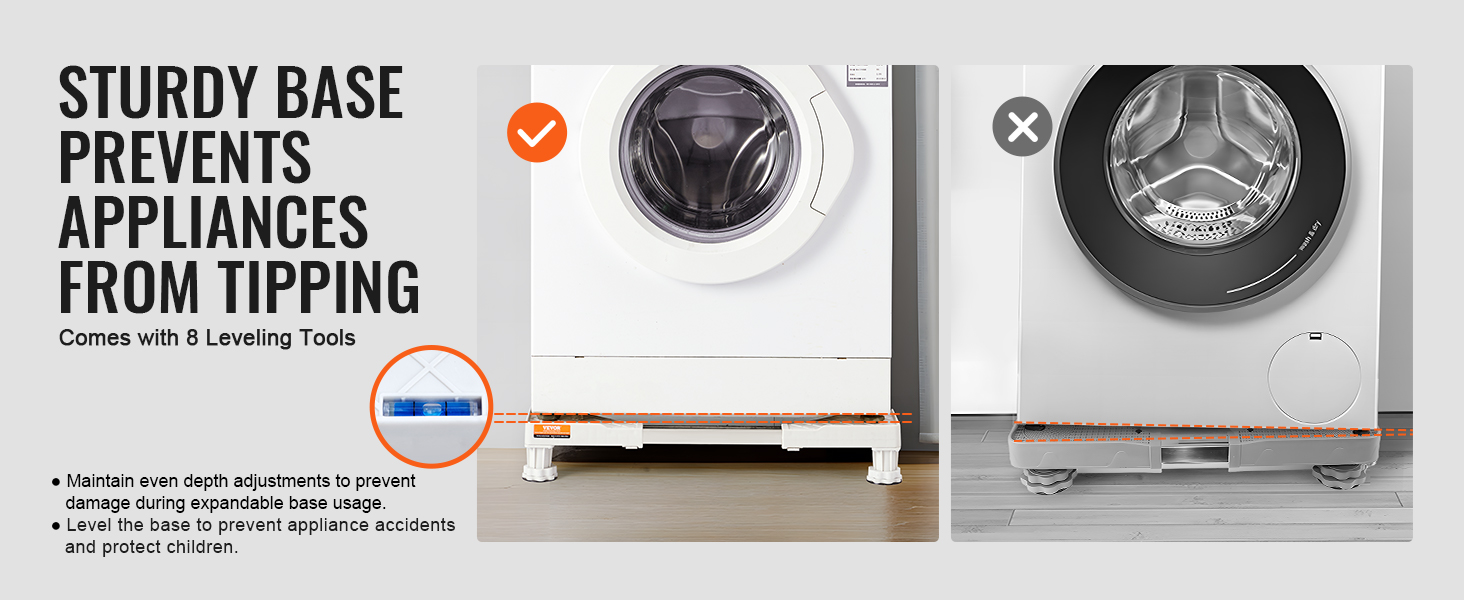 sturdy VEVOR mini fridge stand with 8 leveling tools prevents appliance tipping and ensures stability.