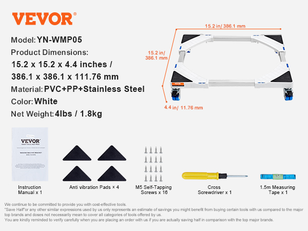 VEVOR mini fridge stand with dimensions and included accessories such as screws, screwdriver, and tape.