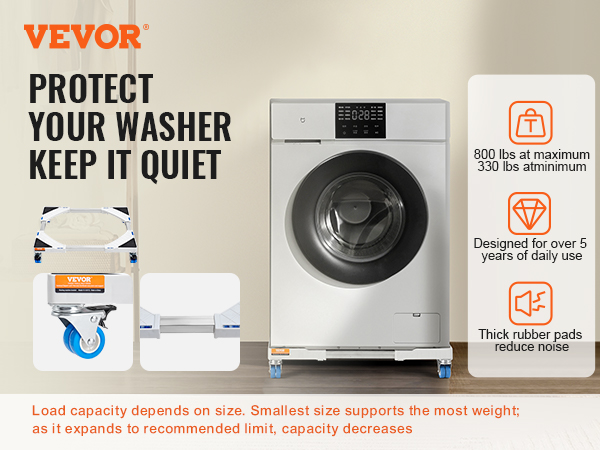 VEVOR mini fridge stand supporting washing machine with load capacity details and rubber pads reducing noise.