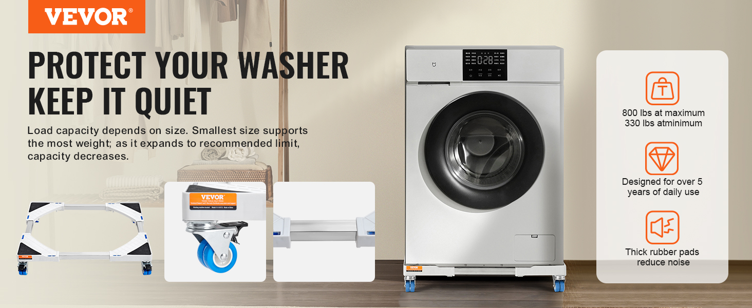 VEVOR mini fridge stand supporting washing machine with load capacity details and rubber pads reducing noise.
