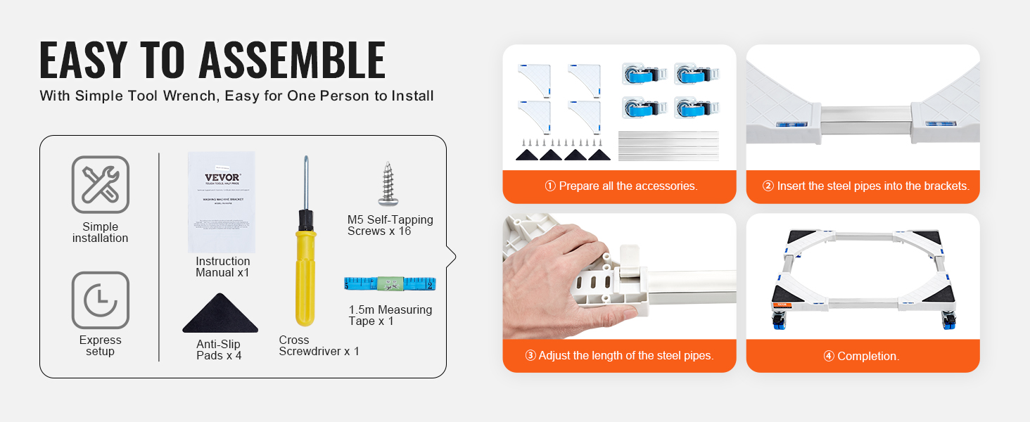 easy assembly instructions for VEVOR mini fridge stand with tools and accessories displayed.