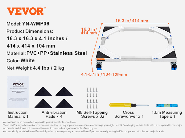 VEVOR mini fridge stand dimensions, parts, and assembly tools displayed with labeled measurements.